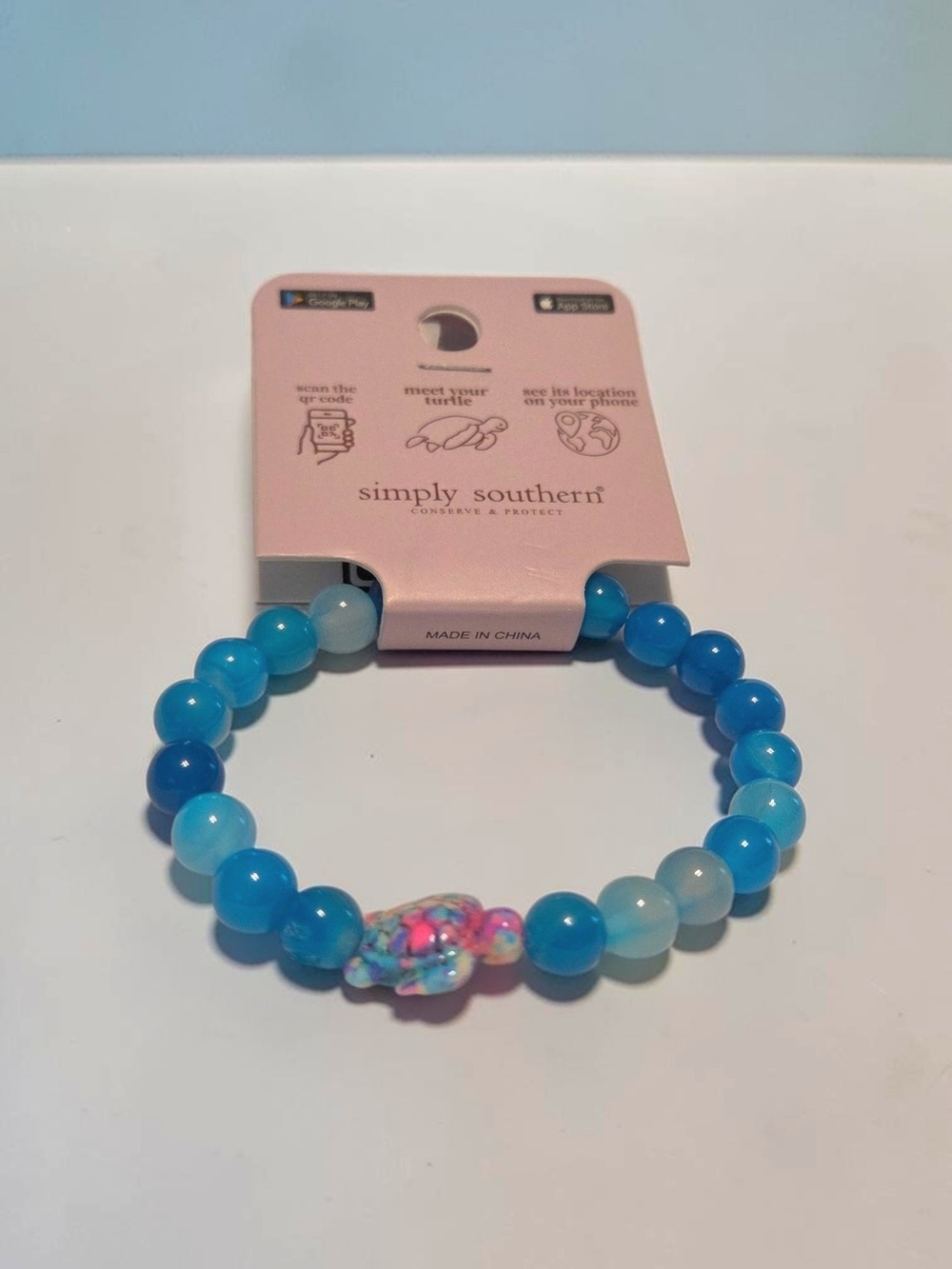Simply Southern Blue Turtle Tracker Bracelet, w/multicolor Pink Turtle, NWT